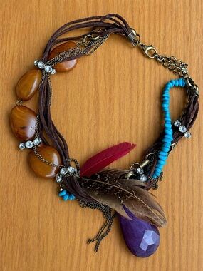 Bohemian Multi-Strand Feather Necklace with Purple Teardrop and Turquoise Beads